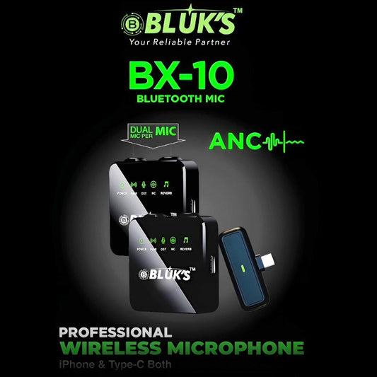 BLUK’S BX-10 Dual Wireless Microphone with ANC, 9ms Low Latency and Dual-Mic Transmitters for Smartphones & Cameras